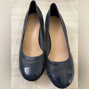 EUC Cole Haan navy leather snake embossed wedge heels, size 11
